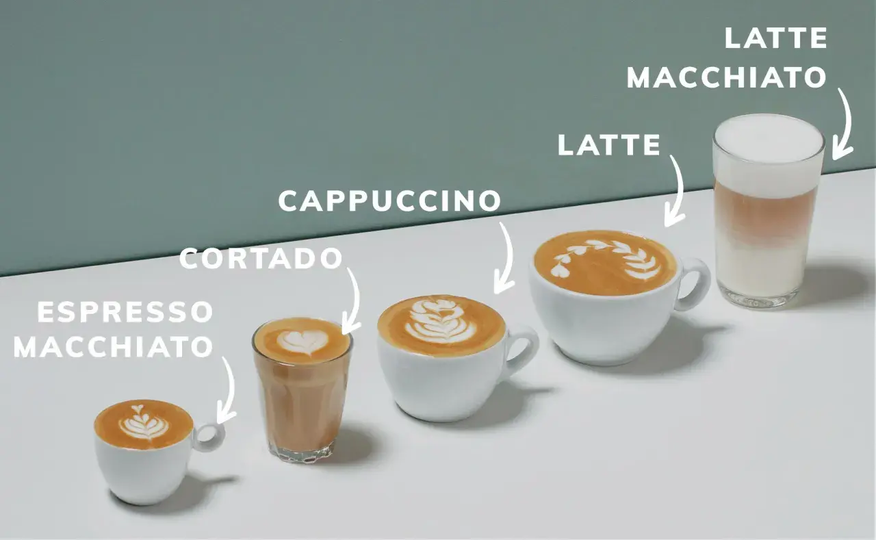 Cinque caffè, dall'espresso macchiato al latte macchiato, con schiume artistiche.