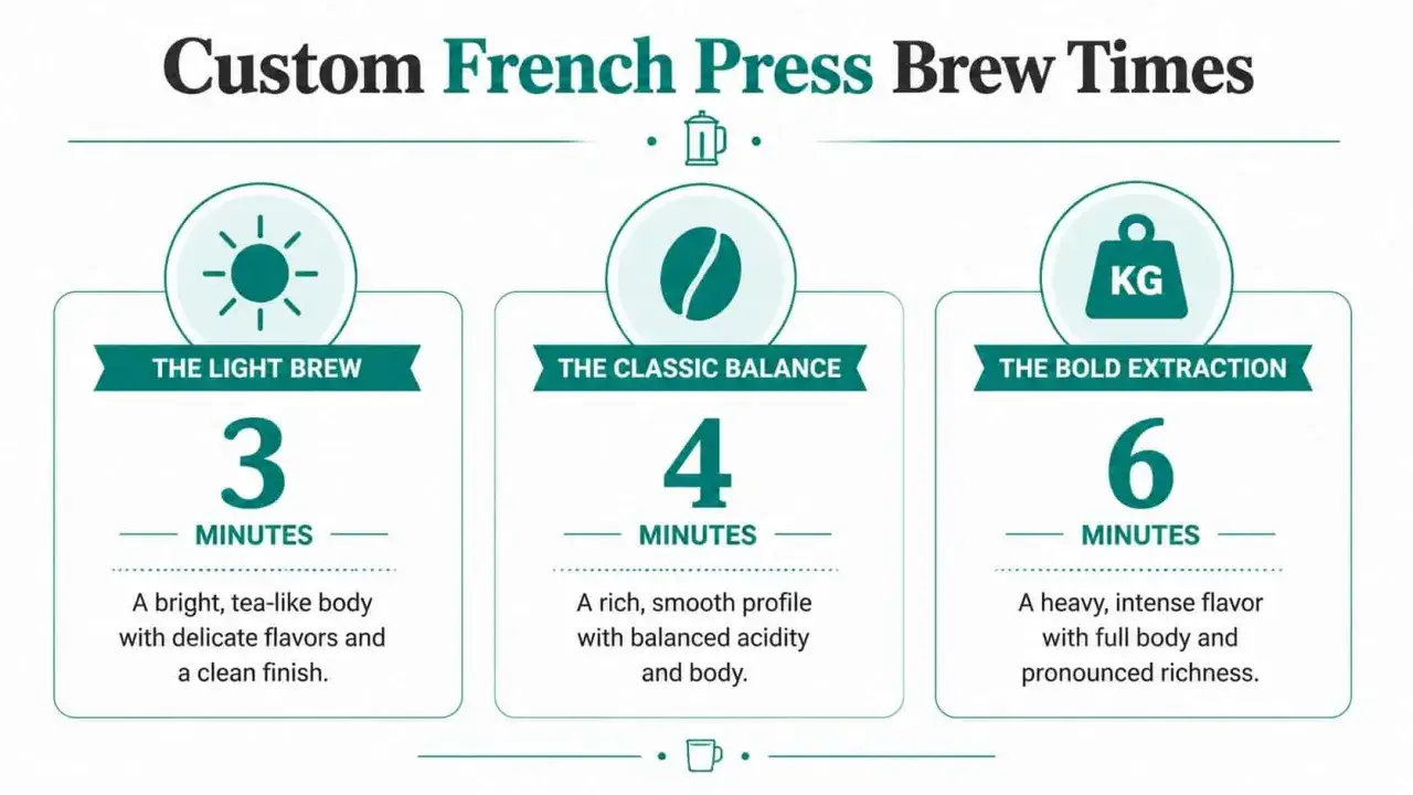 Guida ai tempi di infusione per il caffè in french press: 3 min per un gusto leggero, 4 min per un equilibrio classico, 6 min per un'estrazione audace.