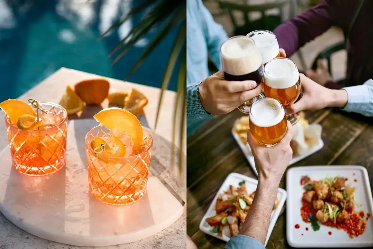 Brindisi con birra e cocktail all'arancia, un perfetto happy hour tra amici con stuzzichini.