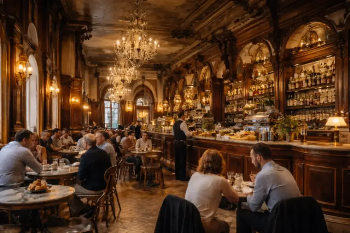 Interni eleganti di bar storici a Milano, con clienti seduti ai tavoli e un lungo bancone pieno di bottiglie.