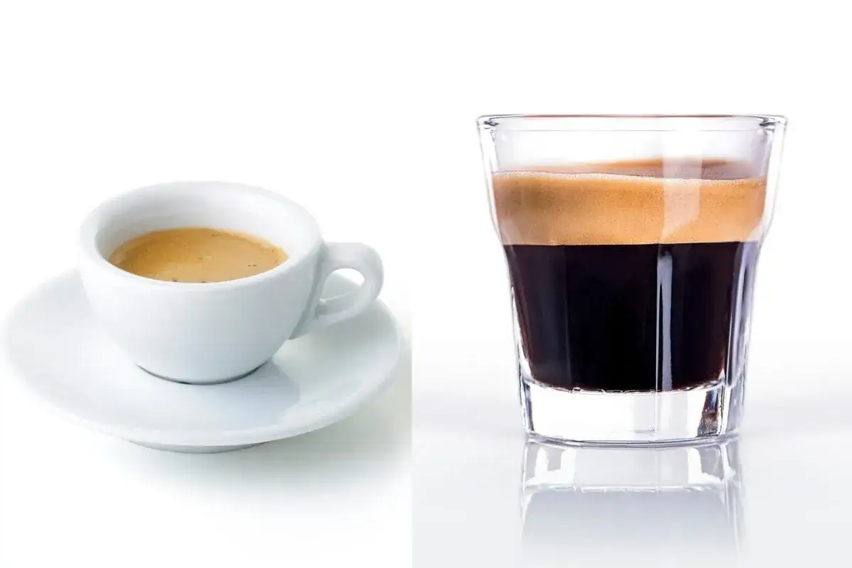 Un espresso in tazzina bianca e un caff&egrave; al vetro con crema densa.