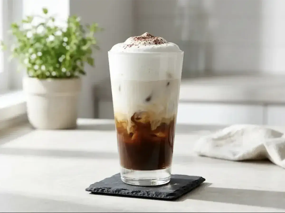 Un delizioso cappuccino freddo con schiuma cremosa e cacao in polvere, servito in un bicchiere alto su un sottobicchiere di ardesia.
