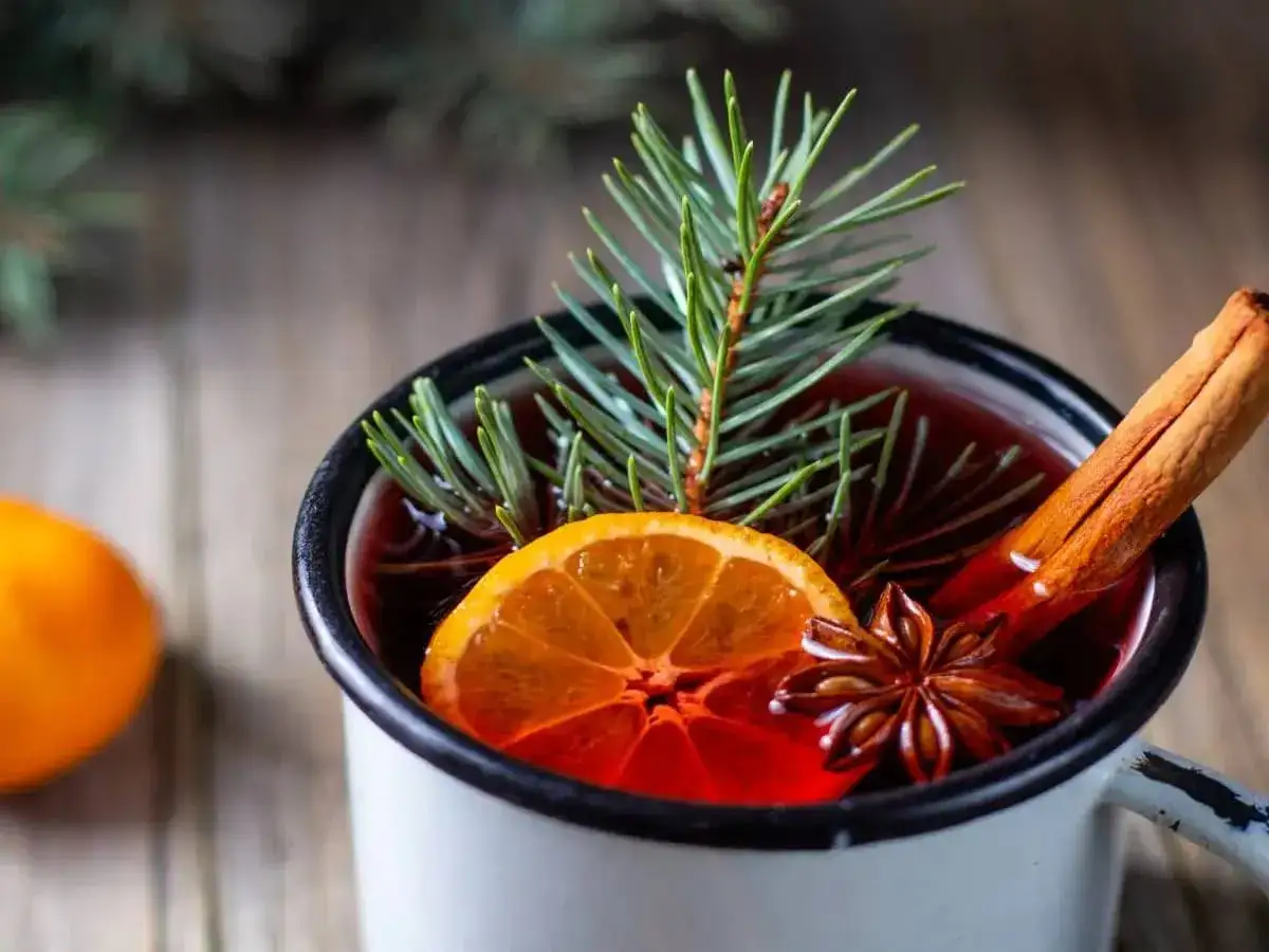 Un bicchiere di punch caldo, con arancia, cannella e anice stellato, decorato con un rametto di pino. Perfetto per le serate invernali.