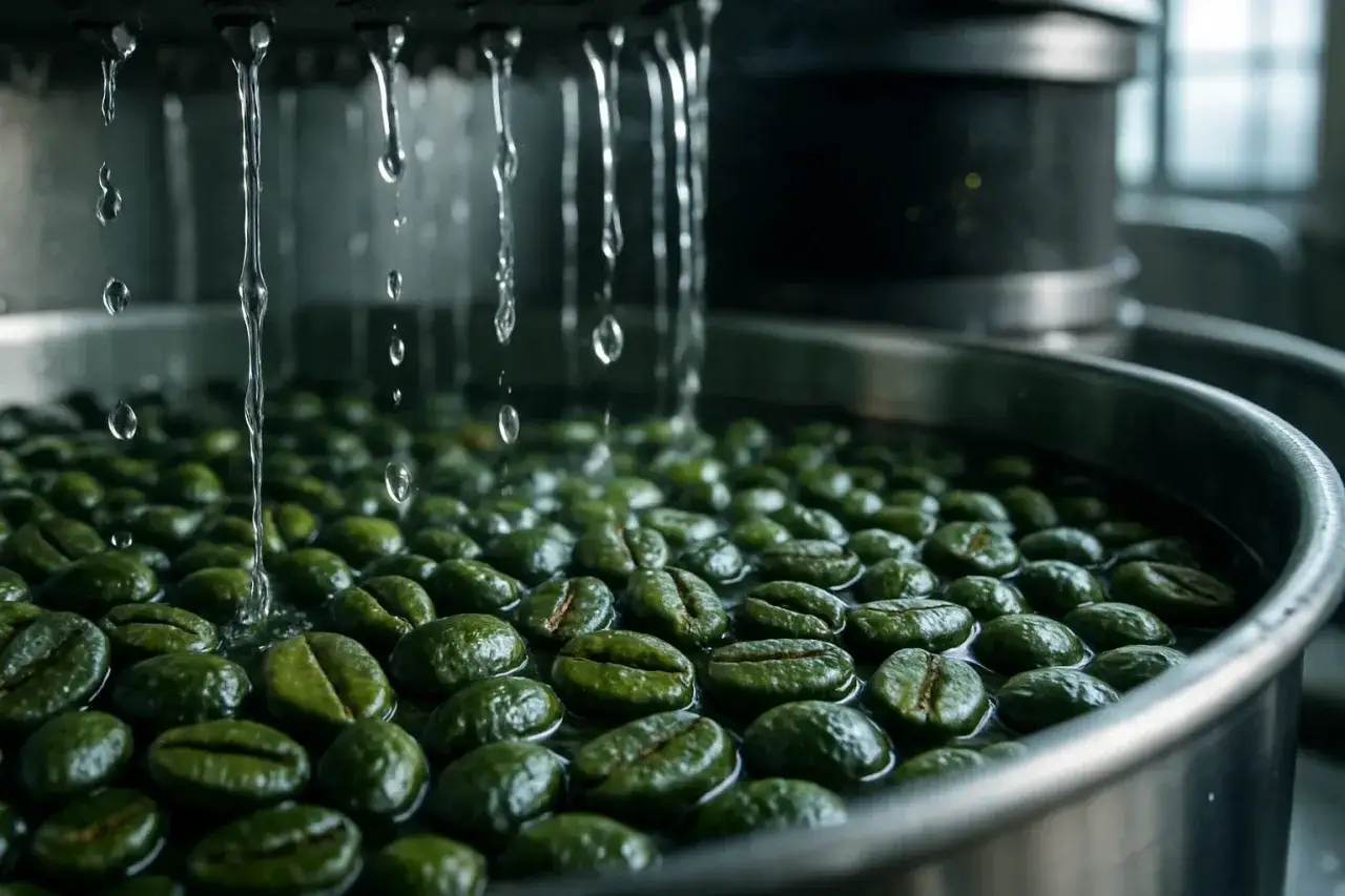 Chicchi di caff&egrave; verdi immersi nell'acqua, pronti per diventare un delizioso caff&egrave; decaffeinato.