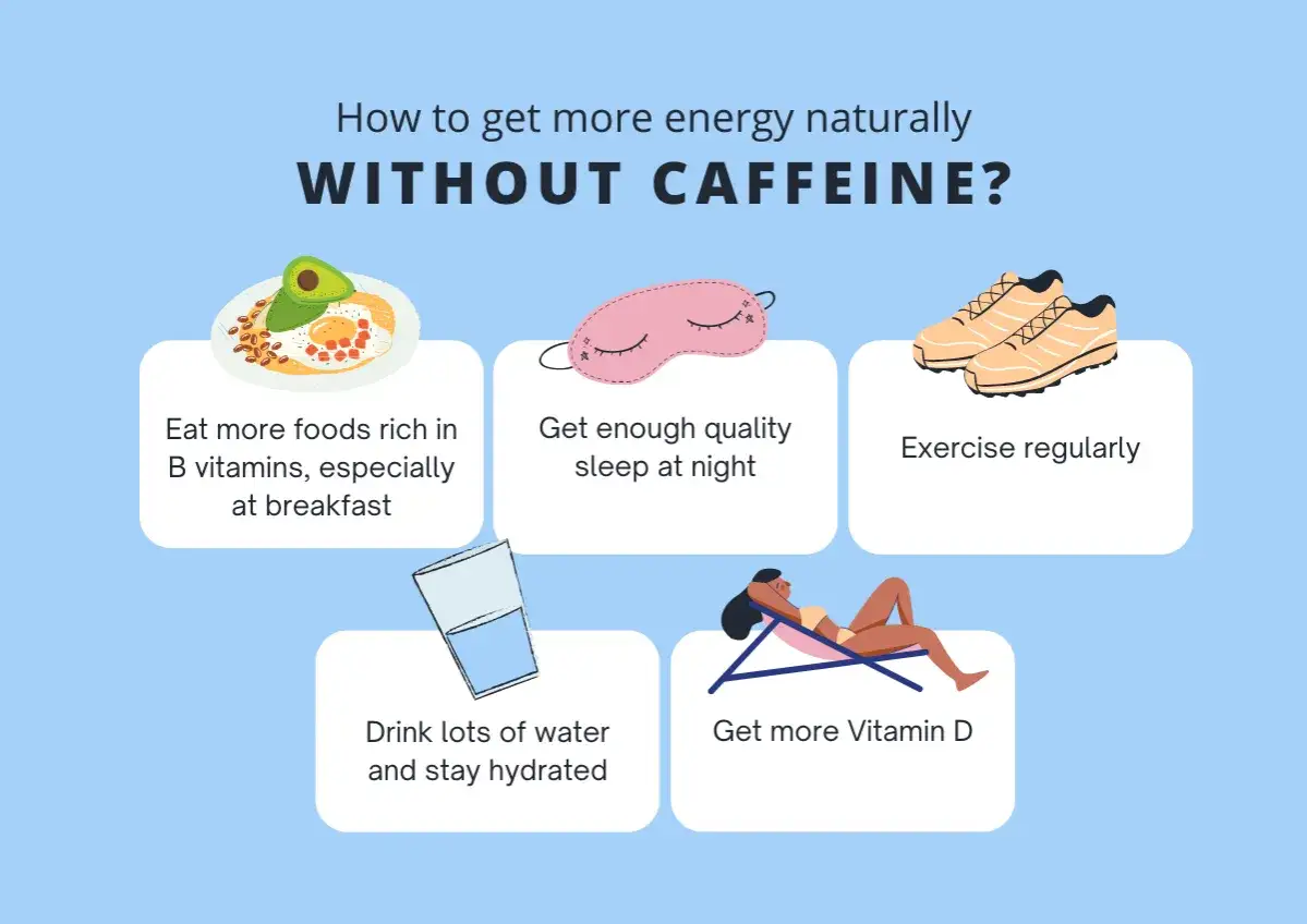 Consigli per più energia senza caffeina: cibo ricco di vitamine B, sonno, esercizio, idratazione e vitamina D. Utile per chi soffre di intolleranza al caffè sintomi.