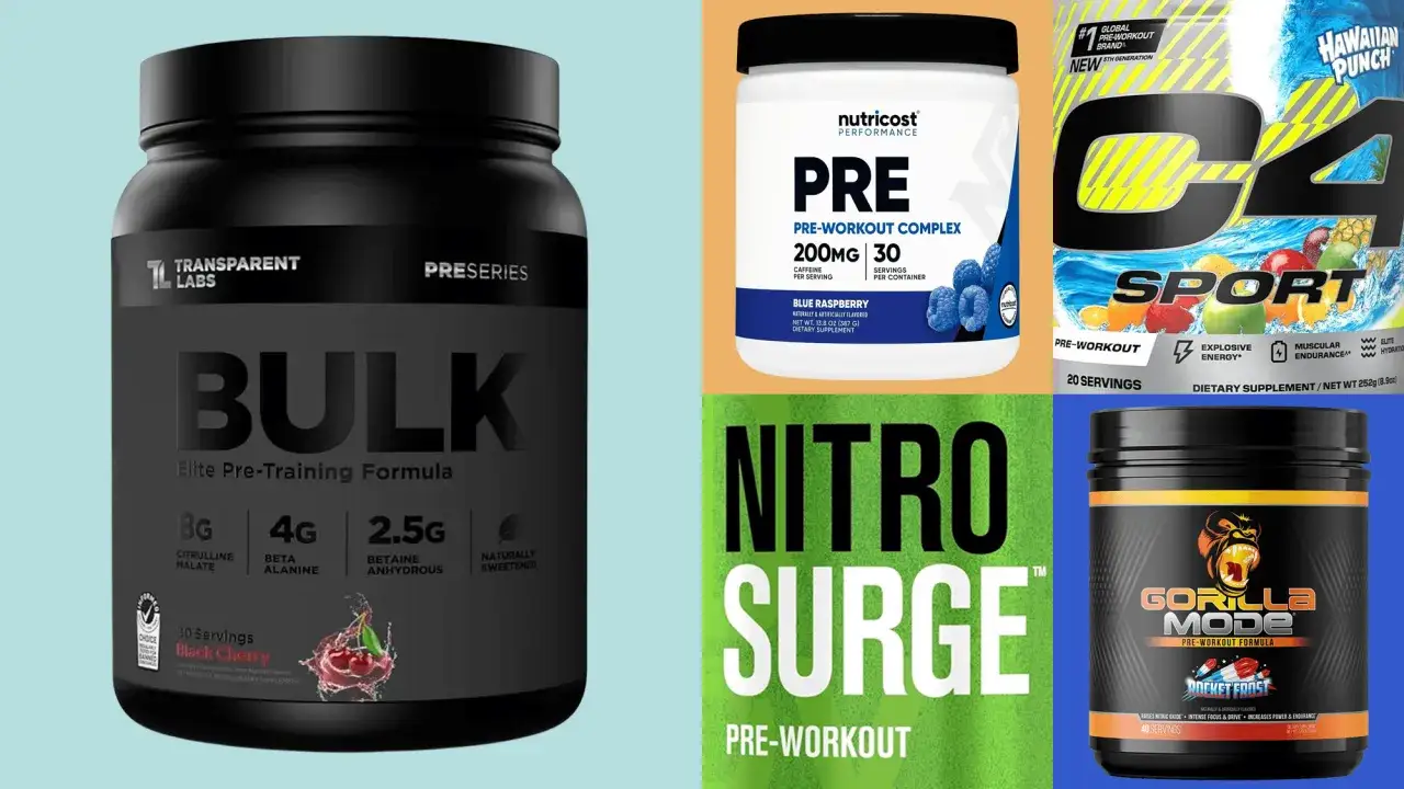 Quattro barattoli di integratori pre-workout, alcuni con indicazioni sulla caffeina, pronti per dare la carica.
