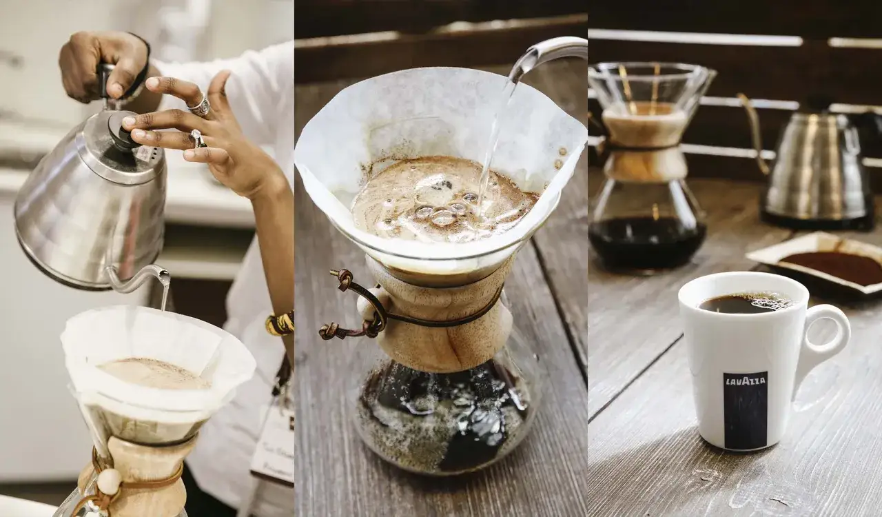 Preparazione di un caff&egrave; forte con metodo Chemex. Acqua calda versata su caff&egrave; macinato, che gocciola in un decanter. Una tazza di caff&egrave; pronto.