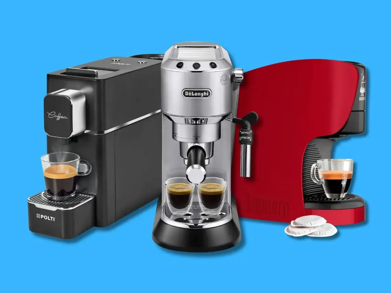 Tre macchine da caff&egrave; con tazze di espresso. Attenzione alle cialde o capsule cancerogene, meglio scegliere caff&egrave; macinato fresco.