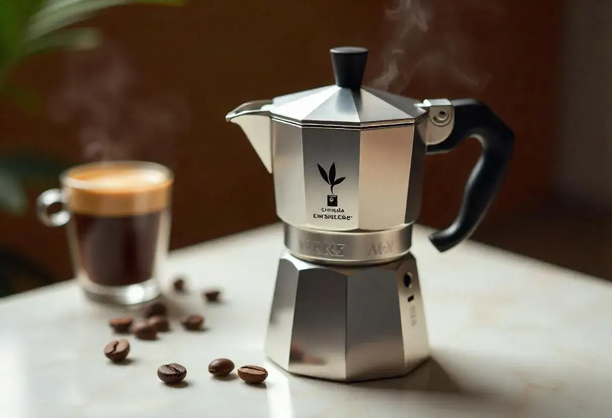 Moka vs espresso: una moka fumante accanto a una tazza di caffè, chicchi sparsi.