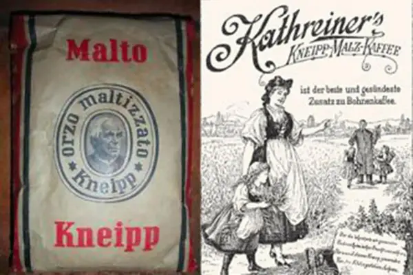 Sacchetto di "Malto Kneipp" e pubblicità d'epoca per "Kathreiner's Malz-Kaffee", un surrogato del caffè che evoca un'epoca di autarchia e nazionalismo, simile al fascismo.